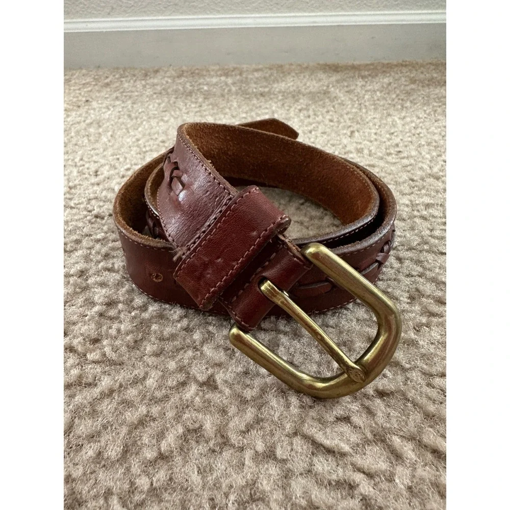 Vintage Brown Genuine Leather Hand Laced Braided Belt Solid Brass Buckle Large